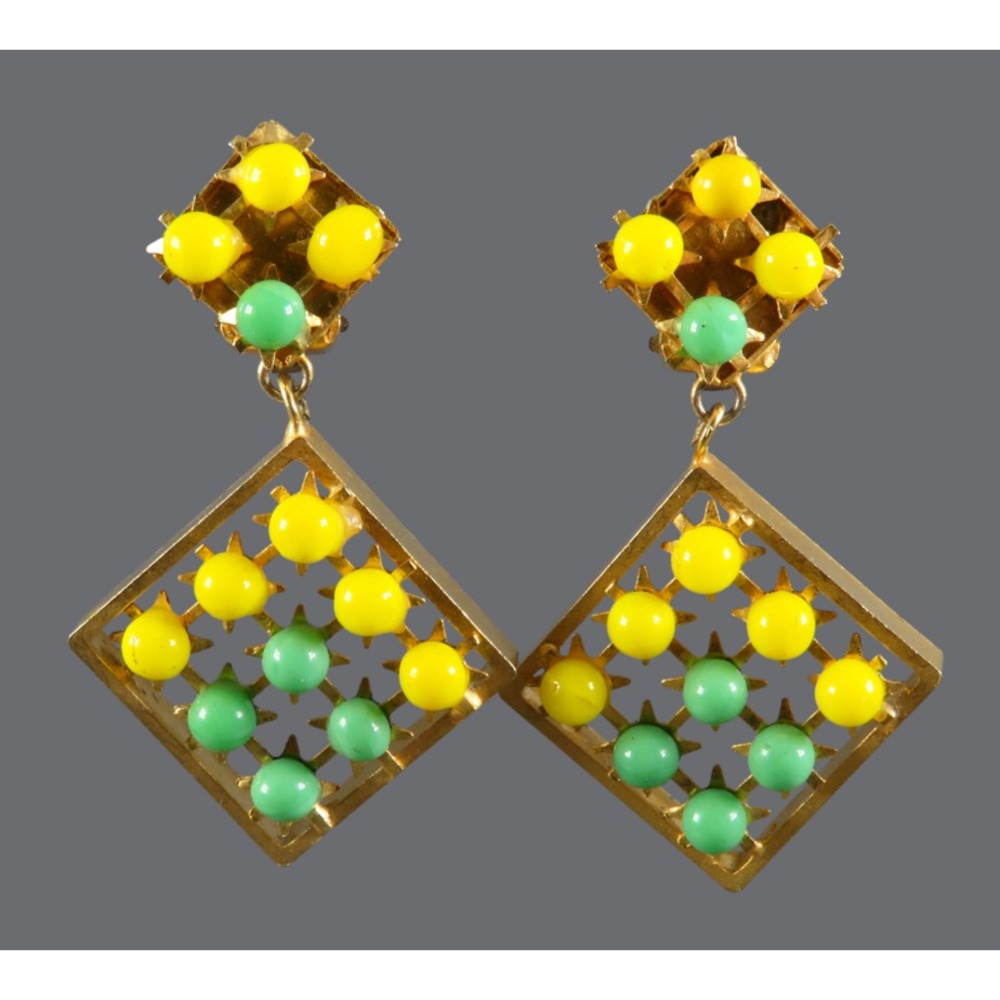 VTG Clip-On Dangle Earrings GOLD TONE Green/Yellow Polka-Dots STARBURST GEO GRID